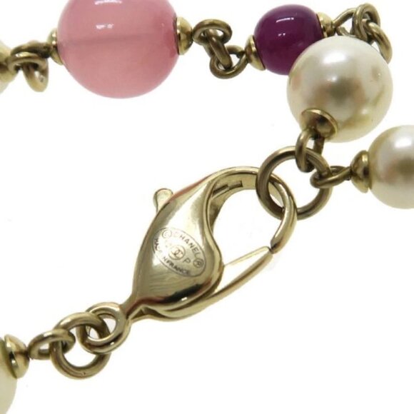 CHANEL CC Logo Multicolor Stone Pearl Bracelet 6.5" Gold Tone 12P Auth #6767F - Picture 4 of 6